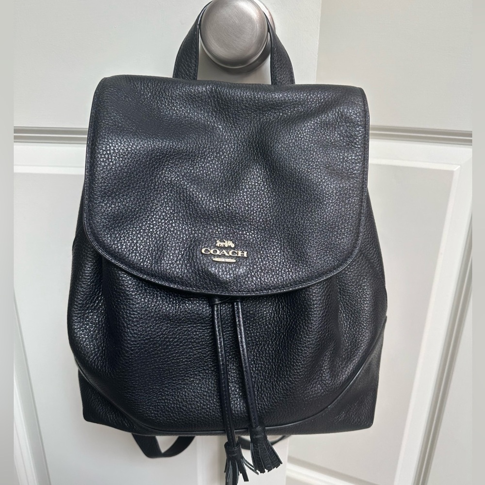 [Coach] Pebbled Black Leather Drawstring Button Flap Adjustable Backpack